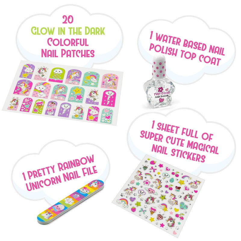 Hot Focus Unicorn Nail Kit â€“ Kids Nail Polish Set for Girls Ages 5 6 7-12 with 77+ Pieces, Spa Kit, Nail Art Decoration Set, Glow-in-the-dark, Stickers, and Water-Based Polish - Girls' Nail Kit. - Image 3